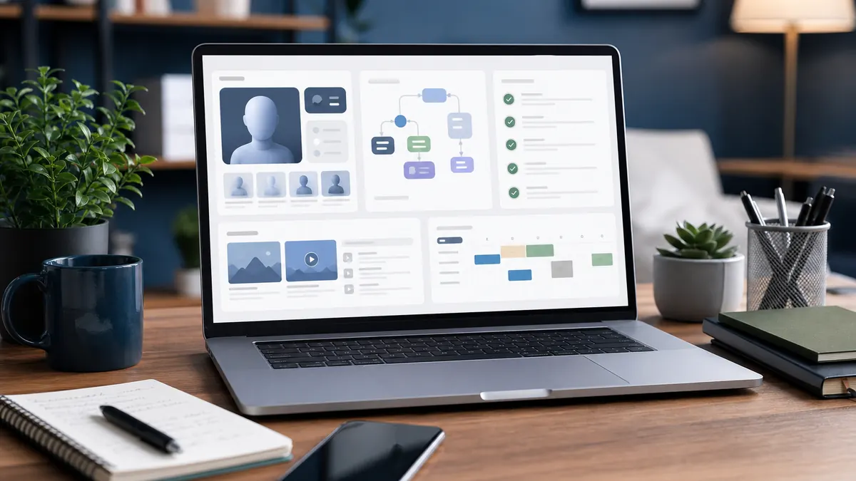 Laptop mit abstraktem KI-Avatar-Workflow, Kurs-Checkliste und Social-Media-Planung