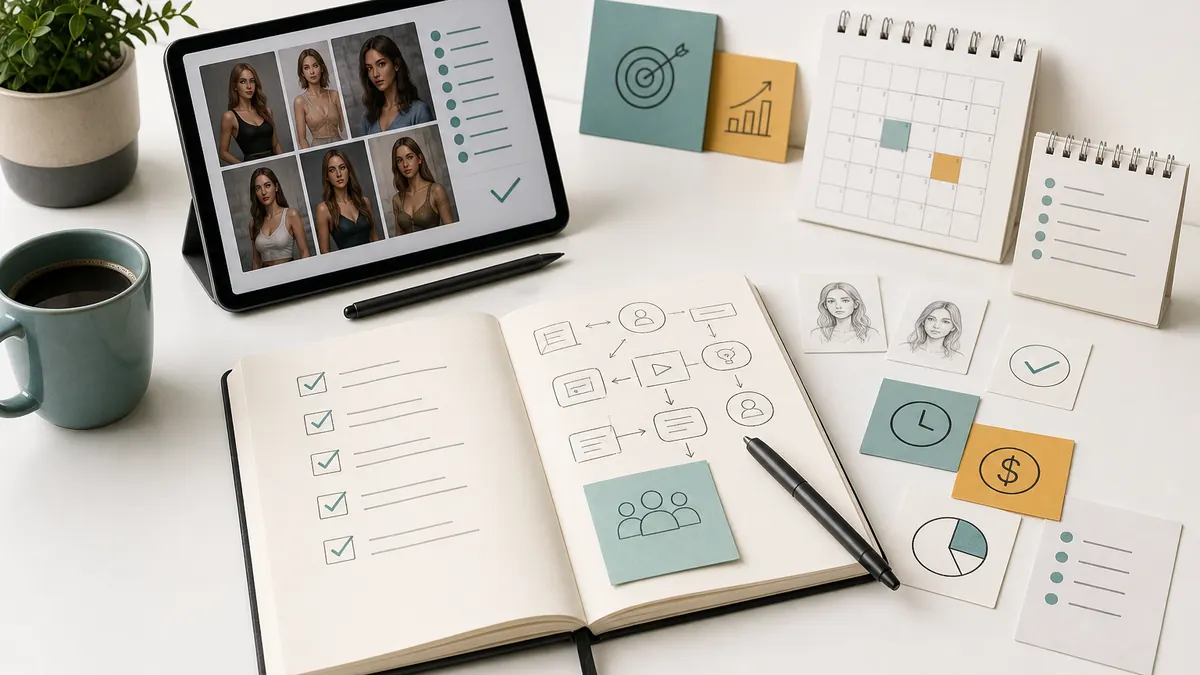 Schreibtisch mit Tablet, Avatar-Entwürfen, Kalender und Checkliste für einen KI-Influencer-Kurs