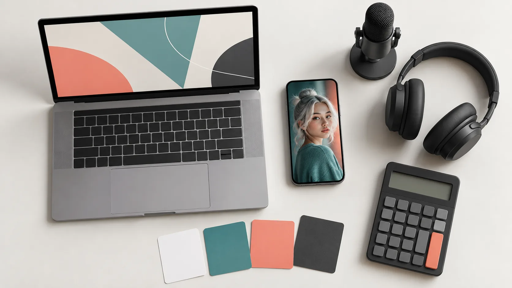 Laptop, Smartphone, Mikrofon und Planungskarten als Kostenbausteine eines AI-Influencer-Workflows