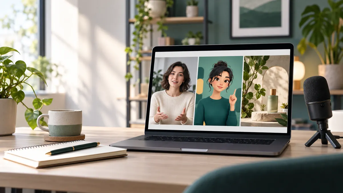 Laptop mit mehreren fiktiven KI-Avatar-Varianten für einen Videovergleich