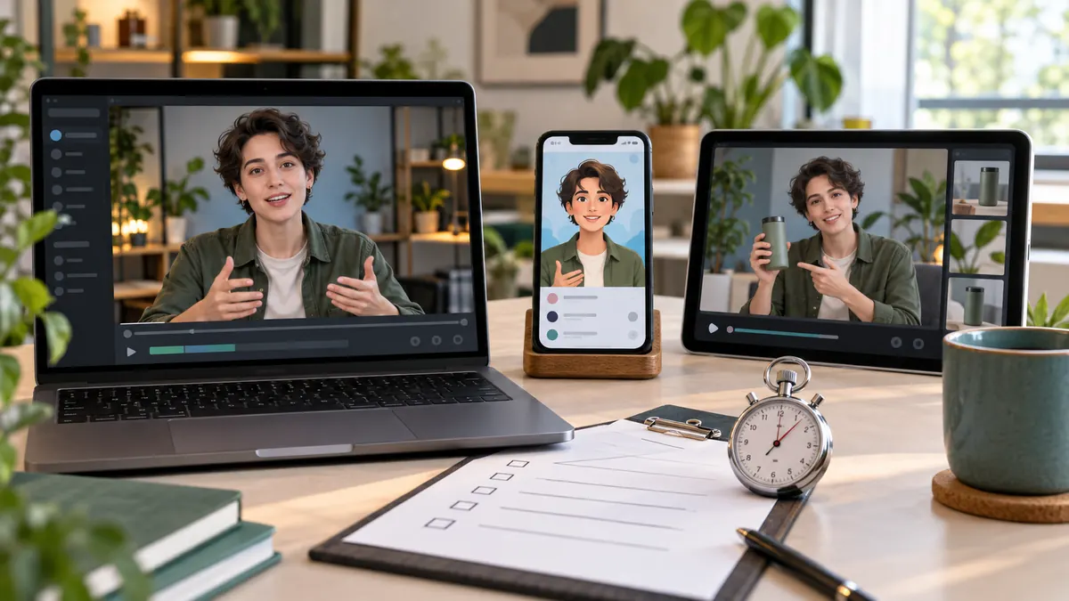 Fiktiver Avatar auf Laptop, Smartphone und Tablet bei einem fairen Vergleichstest