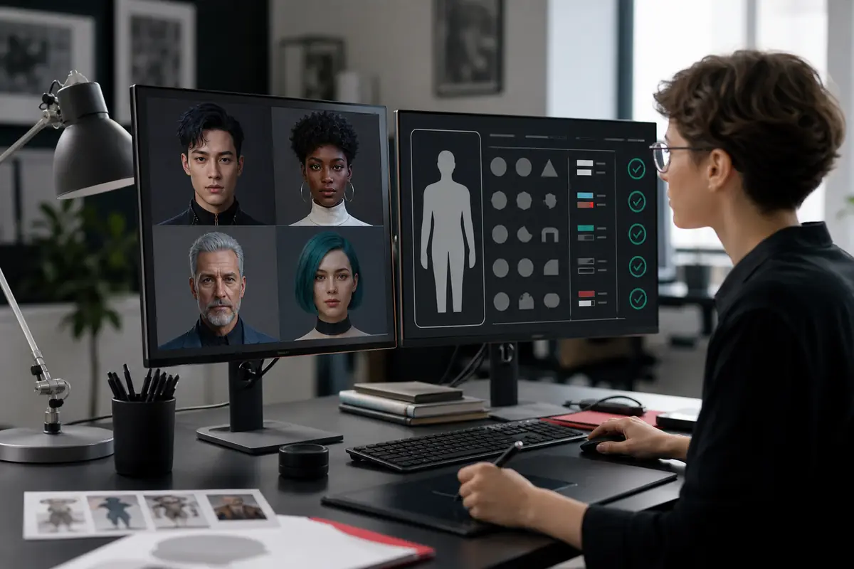 Designerin vergleicht mehrere fiktive virtuelle Gesichter mit einer neutralen Personenreferenz