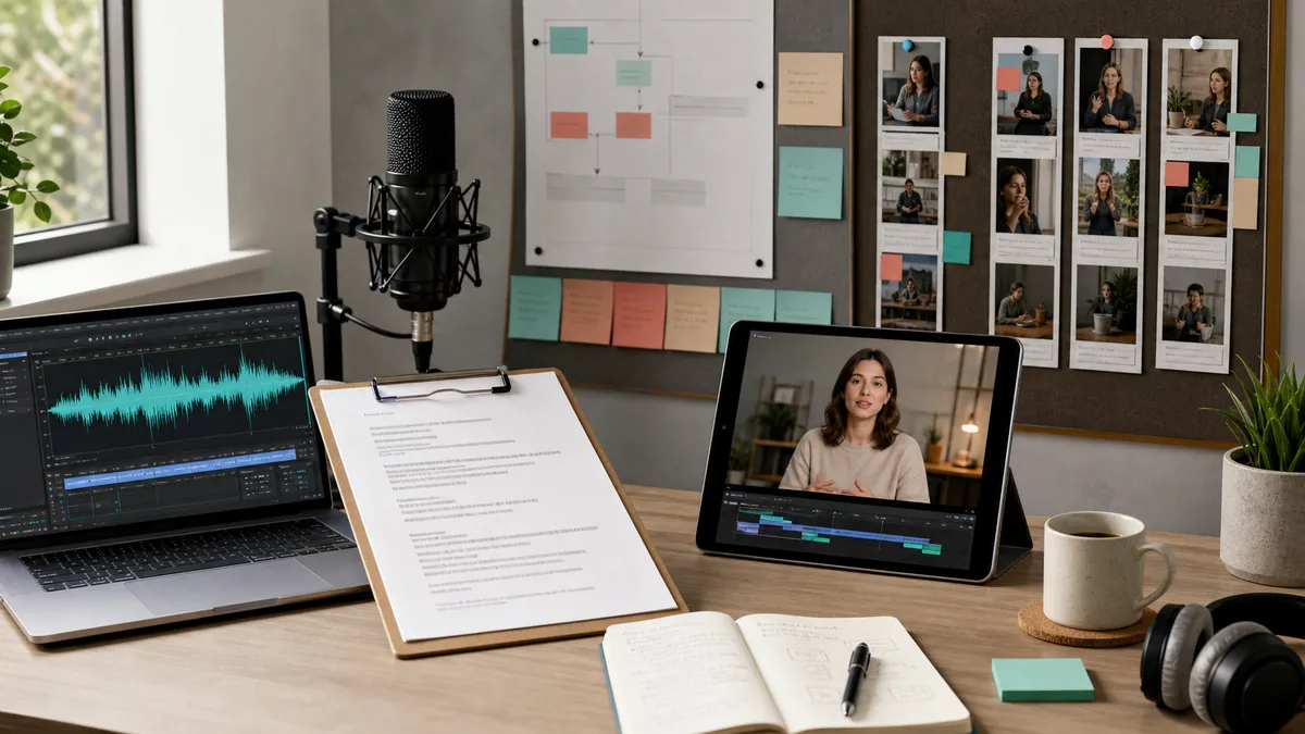 Creator-Arbeitsplatz mit Skript, Mikrofon, Sprachspur, Avatar-Vorschau und Reel-Storyboard