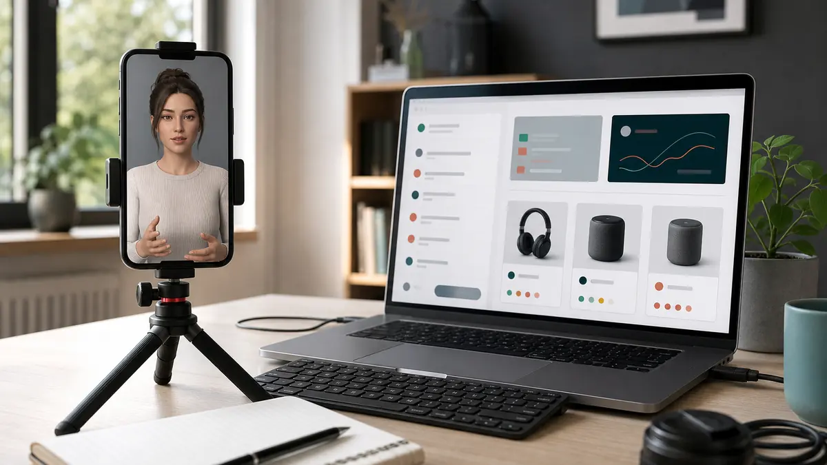 Fiktive virtuelle Creatorin neben einem Arbeitsplatz für Produktvergleiche und Content-Auswertung