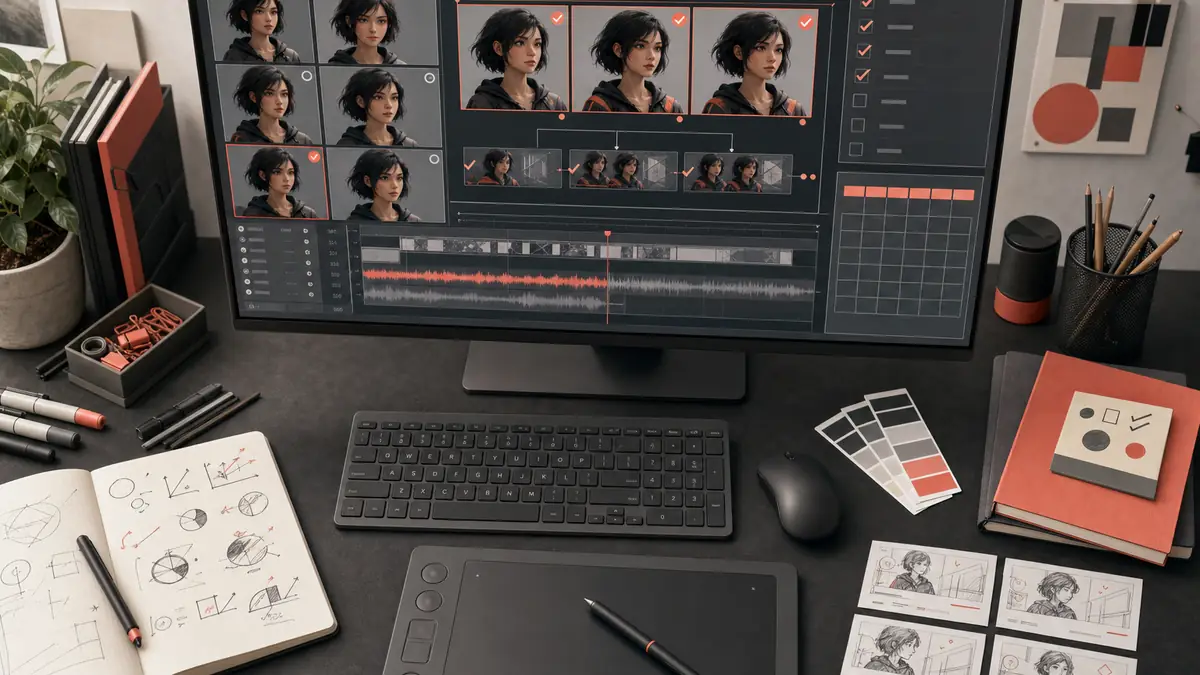 Redaktioneller Arbeitsplatz mit Varianten einer virtuellen Figur, Videotimeline und visueller Qualitätsprüfung