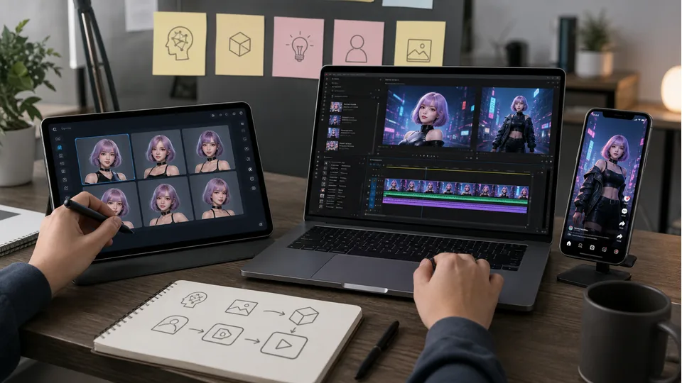 Arbeitsplatz mit Bildvarianten, Schnittprogramm und Smartphone-Vorschau für KI Influencer Reels
