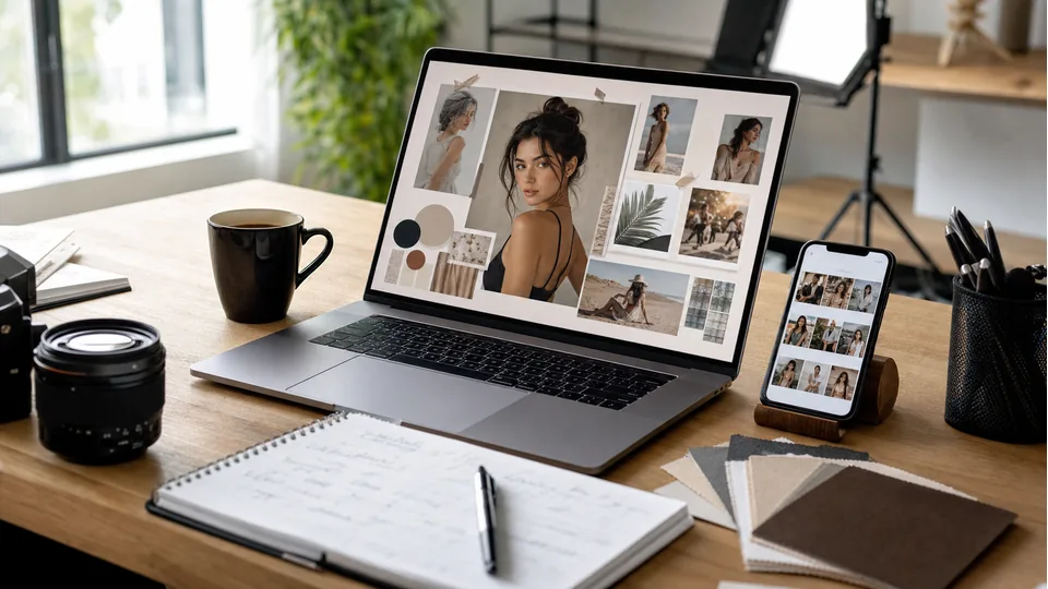 Laptop mit Moodboard, Bildserie und Smartphone-Vorschau für einen fiktiven KI Influencer