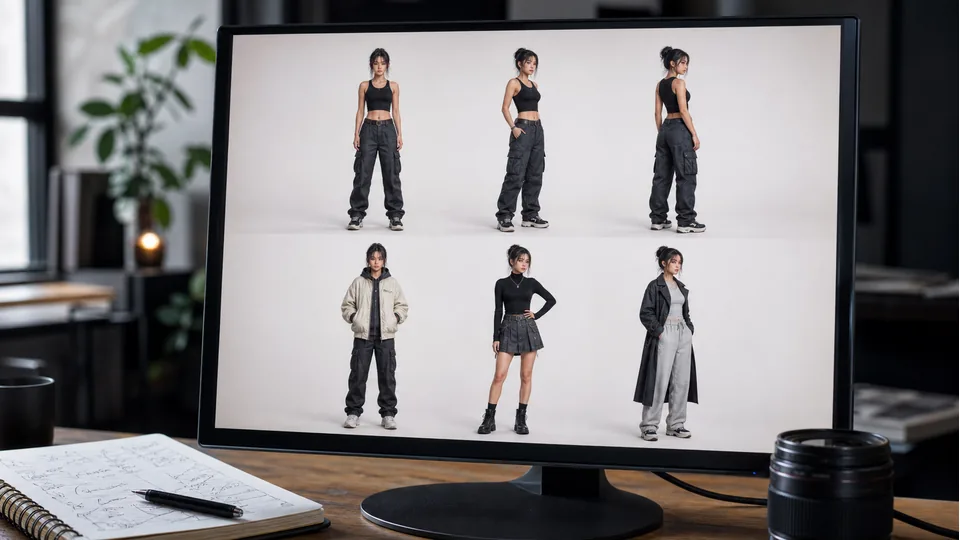 Monitor mit mehreren konsistenten Varianten einer fiktiven virtuellen Influencer-Figur