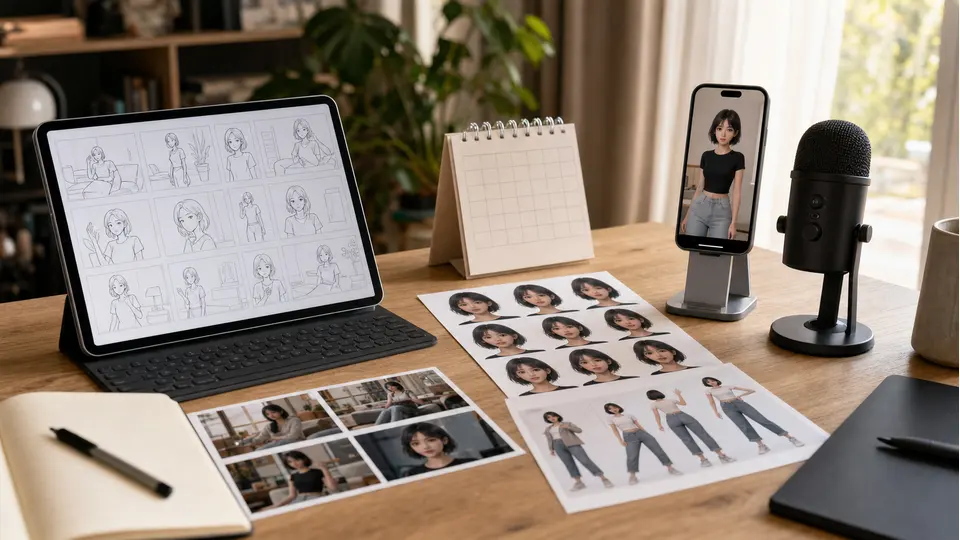 Arbeitsplatz mit Storyboard, Videoideen, Avatar-Referenzen und Content-Kalender für einen KI Influencer