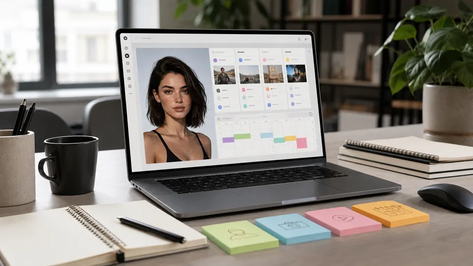 Laptop mit KI Influencer Workflow, Avatar-Entwurf, Content-Board und Social-Media-Planung