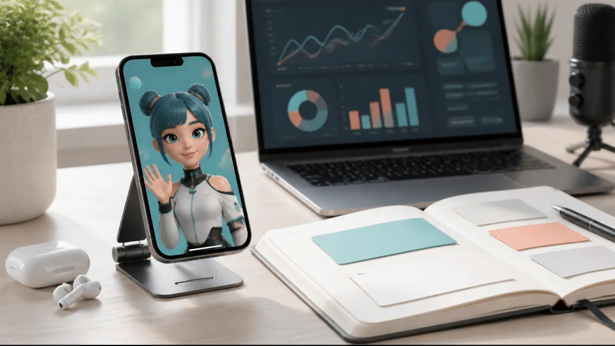 Arbeitsplatz mit einer fiktiven virtuellen Creatorin, Content-Plan und Auswertung
