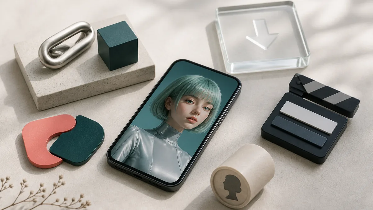 Originale virtuelle Creatorin auf einem Smartphone neben fünf neutralen Symbolen für Monetarisierungsmodelle