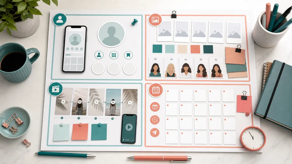 Planungsboard mit Smartphone, Avatar-Assets, Reel-Szenen und Posting-Kalender ohne Markenlogos