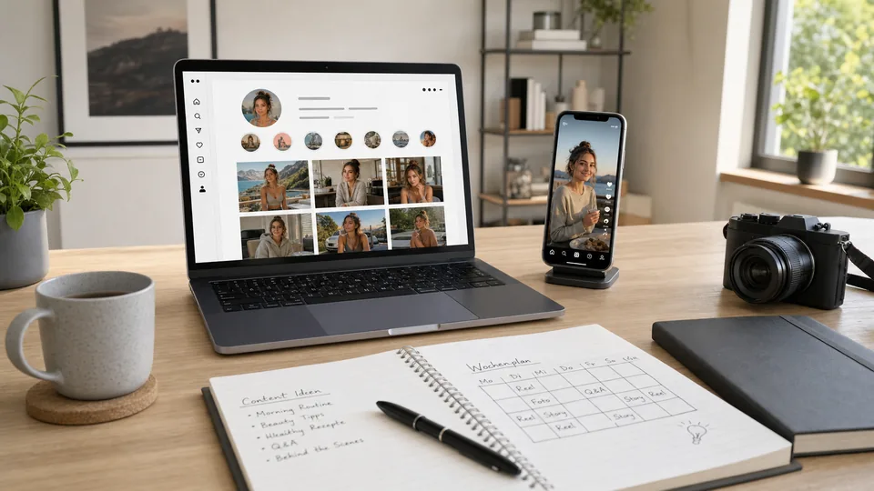 Schreibtisch mit Laptop, Smartphone und geplantem Instagram-Profil eines fiktiven KI Influencers