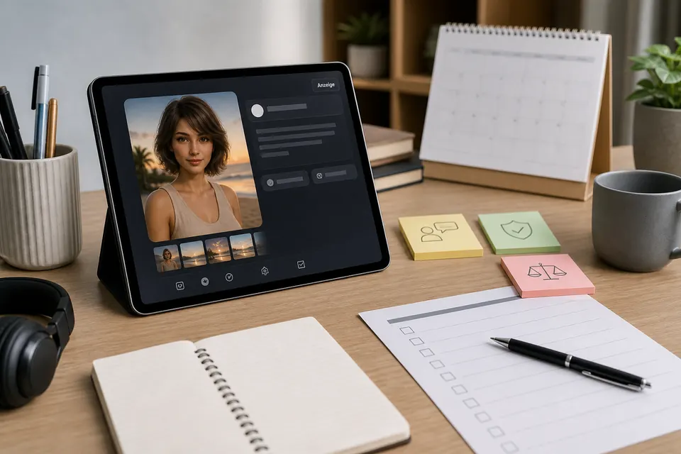 Tablet mit KI Influencer Beitrag, Checkliste und Planung für Werbekennzeichnung
