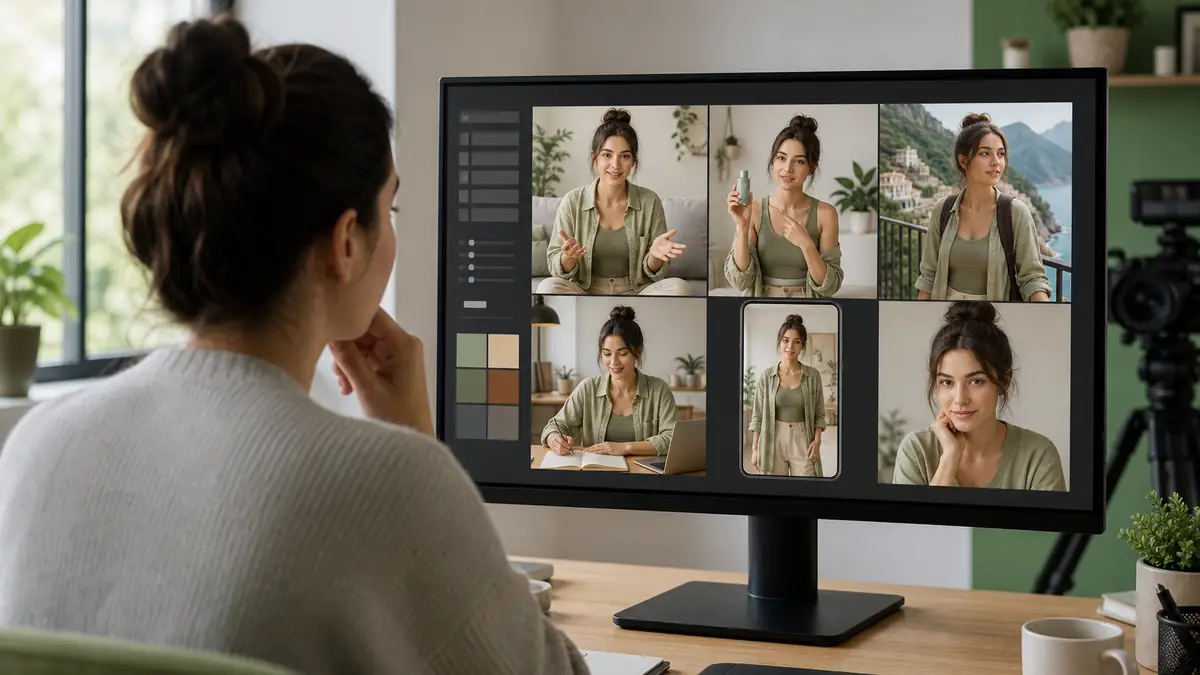 Monitor mit sechs unterschiedlichen Content-Szenen derselben fiktiven virtuellen Creatorin