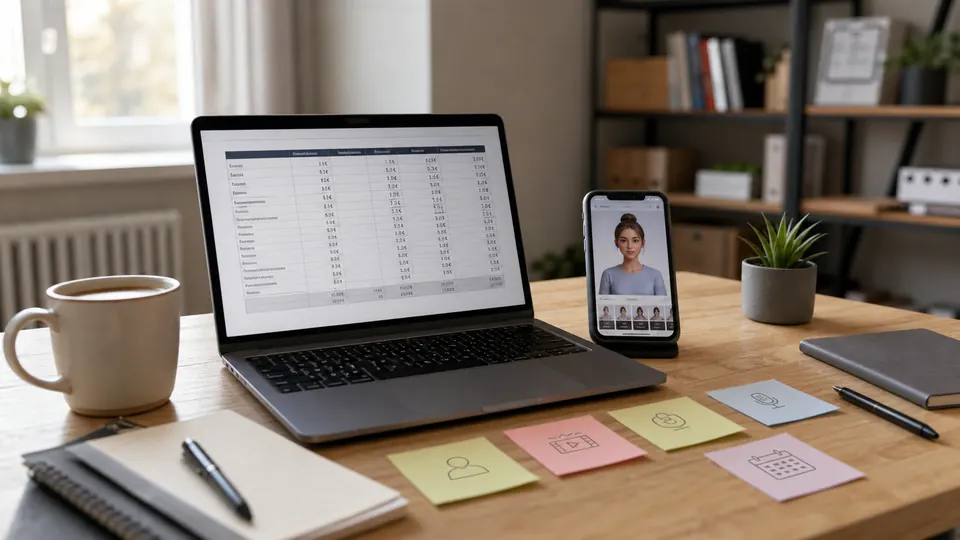 Schreibtisch mit Laptop, Budgetplan und Smartphone-Profil eines fiktiven KI Influencers