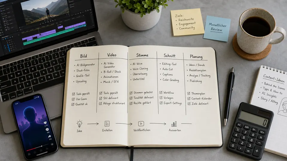 Notizbuch mit Tool-Stack für Bild, Video, Stimme, Schnitt und Planung eines KI Influencers