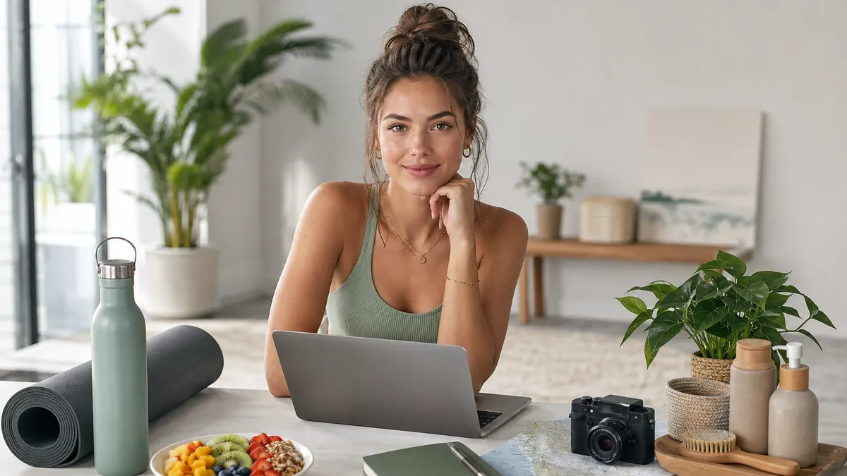Fiktive virtuelle Creatorin mit Requisiten aus Fitness, Food, Reisen, Technik und nachhaltigem Alltag