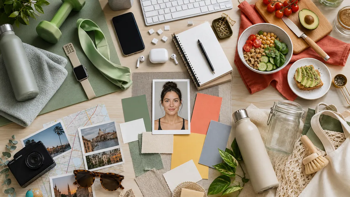 Redaktionelles Moodboard für Fitness, Produktivität, Food, Reisen und nachhaltigen Alltag