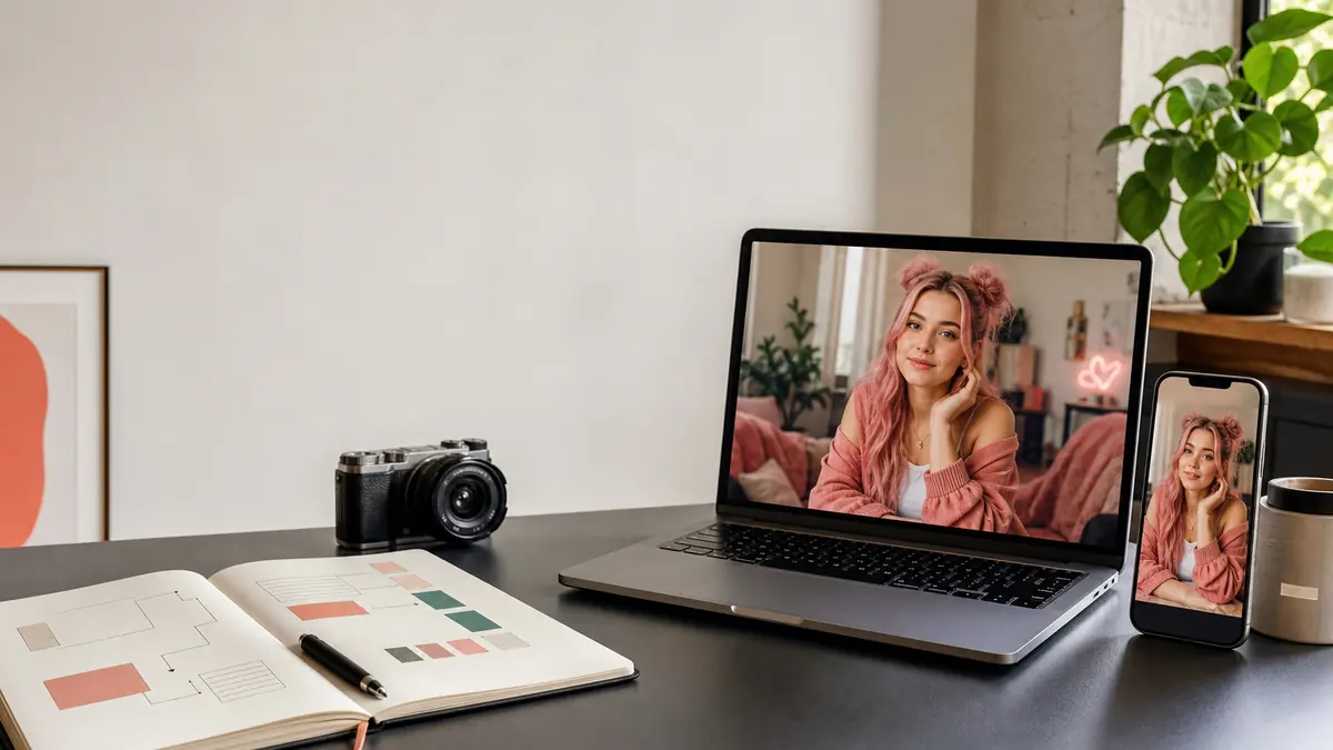 Arbeitsplatz mit fiktiver virtueller Creatorin, Smartphone-Vorschau und Prompt-Planung