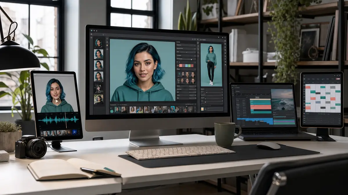 Arbeitsplatz mit fiktiver virtueller Creatorin und Werkzeugen für Bild, Video, Stimme und Planung