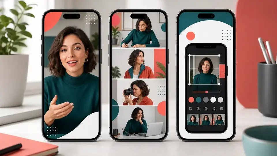 Drei Smartphone-Ansichten für sprechenden Avatar, Bildfolge und Video-Bearbeitung