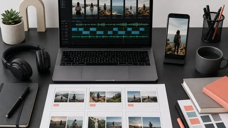 Arbeitsplatz mit Storyboard, Videoschnitt-Timeline und Hochformat-Vorschau