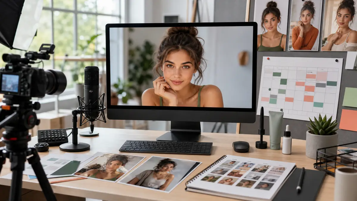 Fiktive virtuelle Creatorin in einem Studio mit Produktionsplan und mehreren konsistenten Content-Motiven