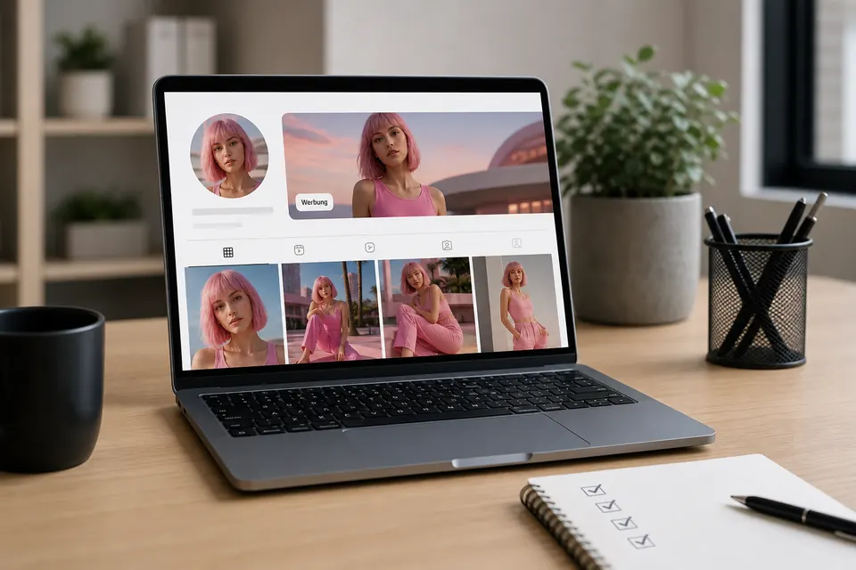Schreibtisch mit Laptop, KI Influencer Profil und sichtbarer Werbekennzeichnung