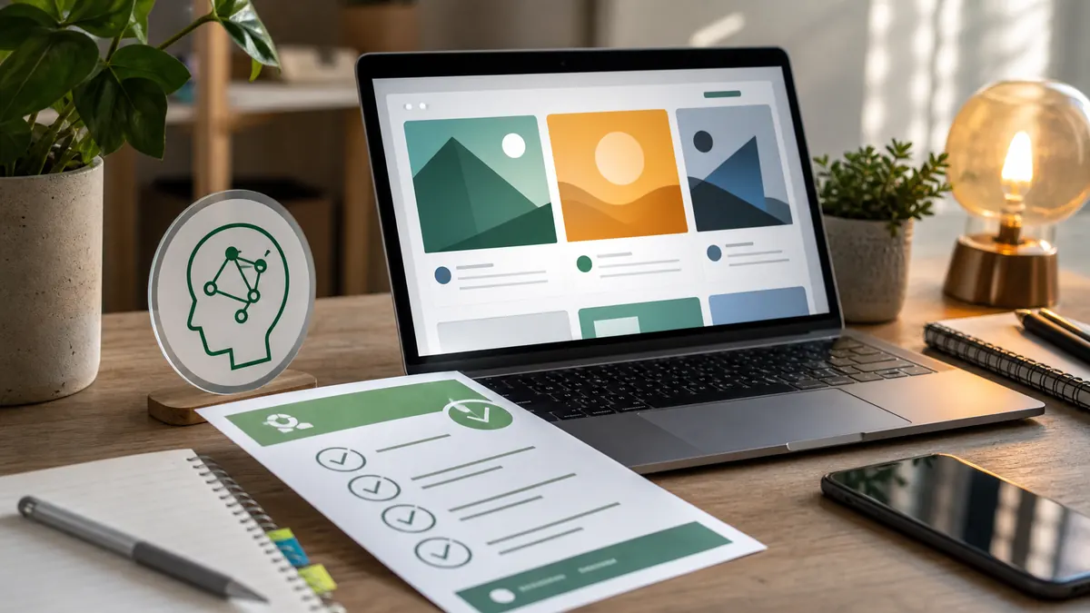 Laptop mit KI-generierten Social-Media-Motiven und Transparenz-Checkliste