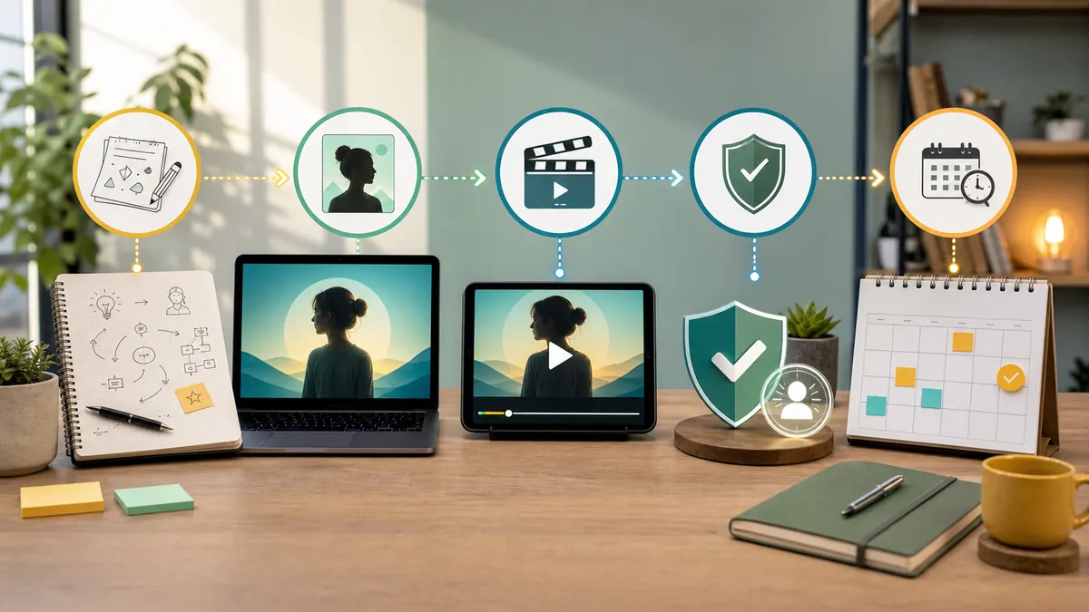 Fünfstufiger Arbeitsplatz-Workflow von Prompt und Avatar über Video bis zur Transparenzprüfung