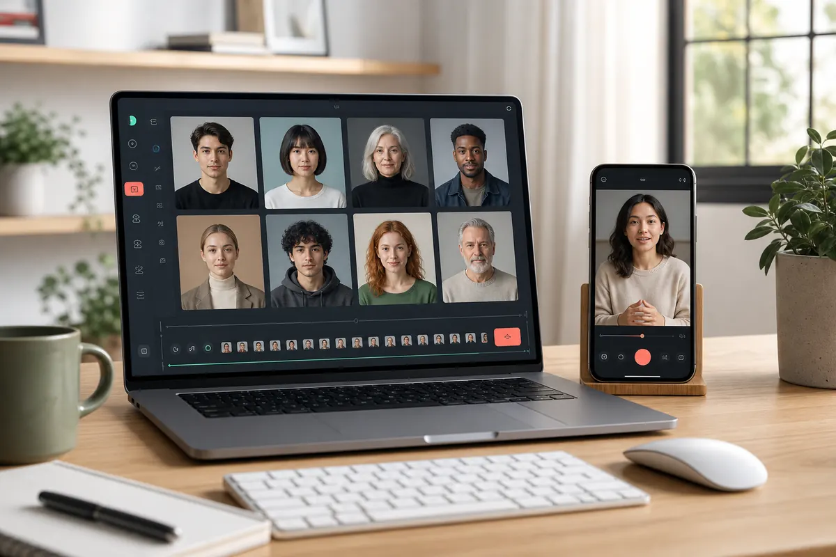 Arbeitsplatz mit Auswahl fiktiver KI Avatare und Vorschau eines Avatar-Videos