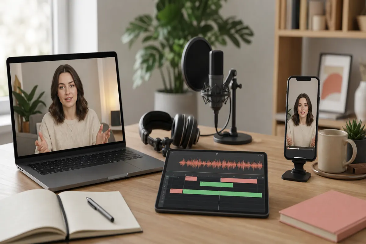 Arbeitsplatz für einen KI Avatar Workflow mit Bild, Tonspur und vertikaler Video-Vorschau