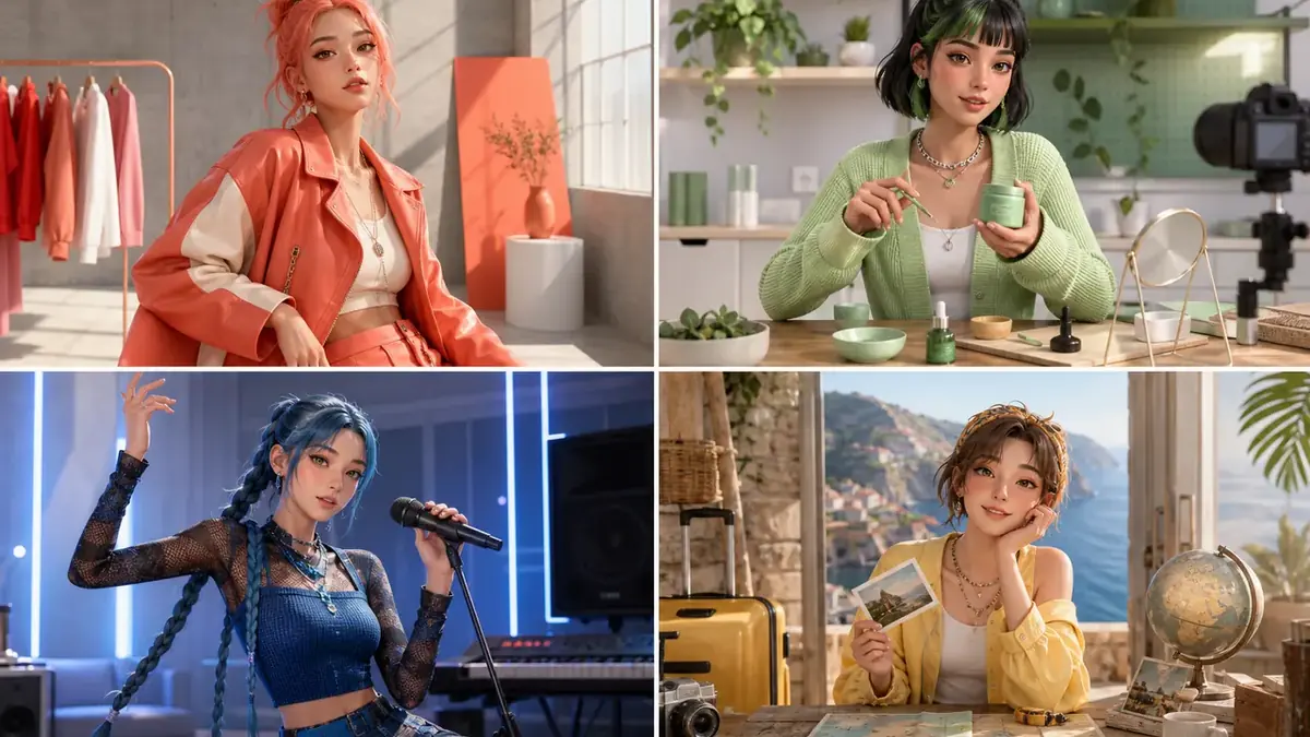 Vier fiktive virtuelle Creator für Fashion, Beauty, Musik und Reise-Content
